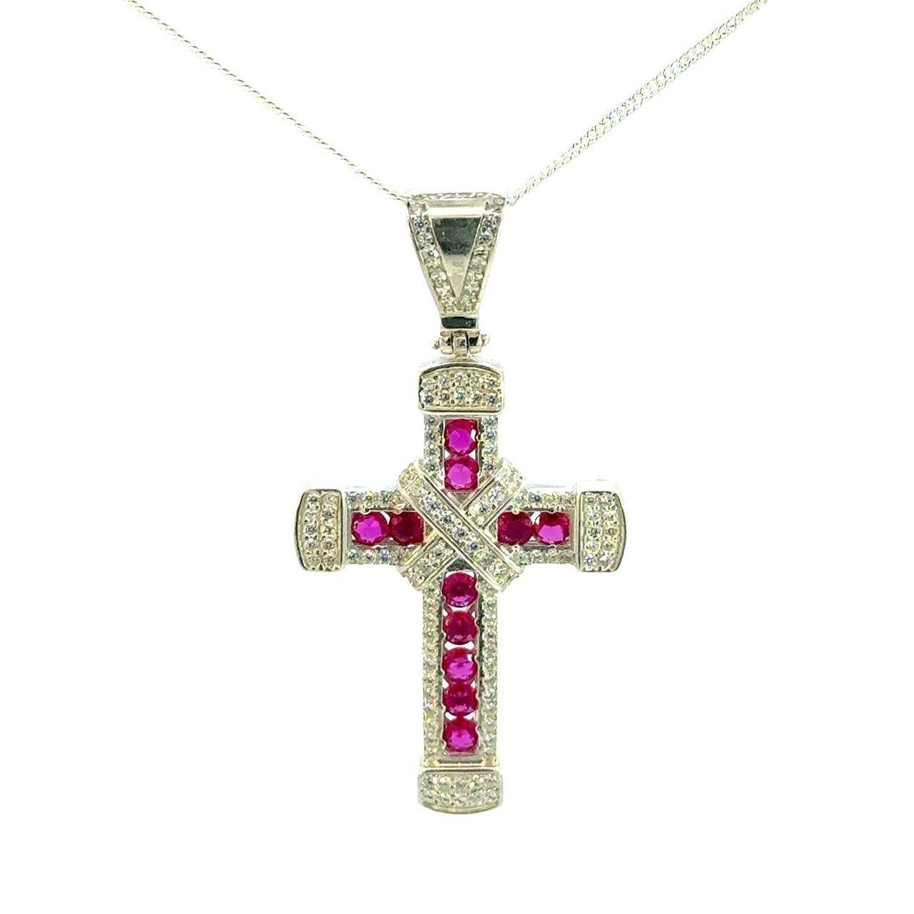 Cruz de Oro Blanco 14K con Rubi