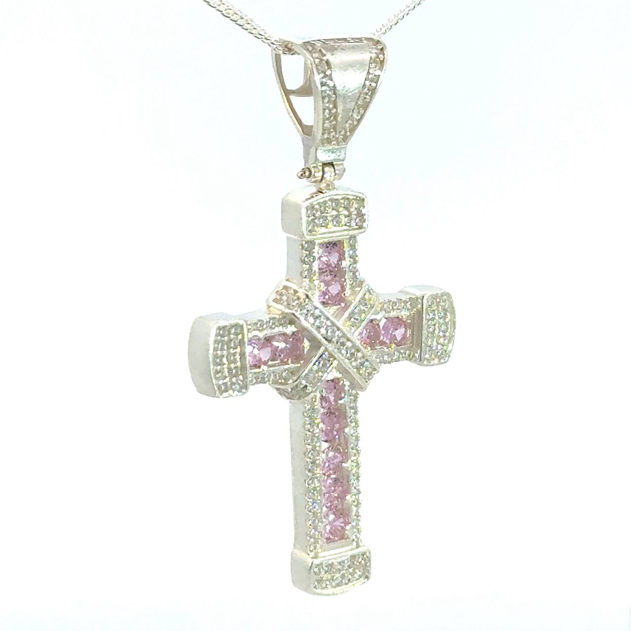 Cruz de Plata Rosa y Cadena Plata