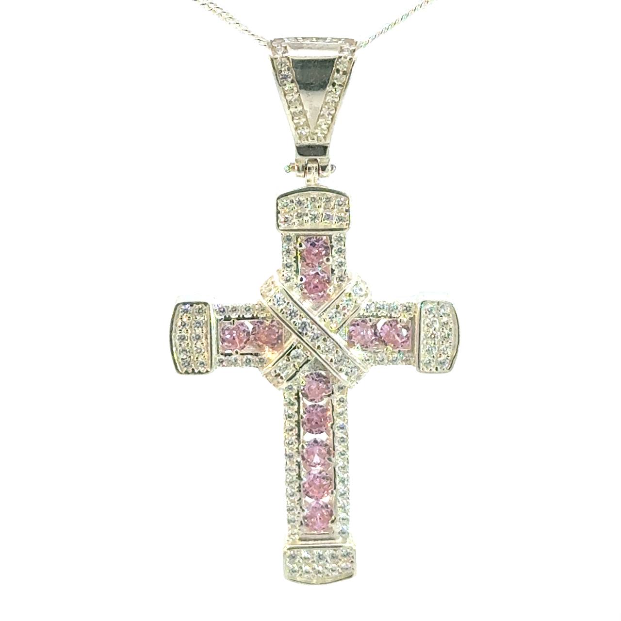 Cruz de Plata Rosa y Cadena Plata