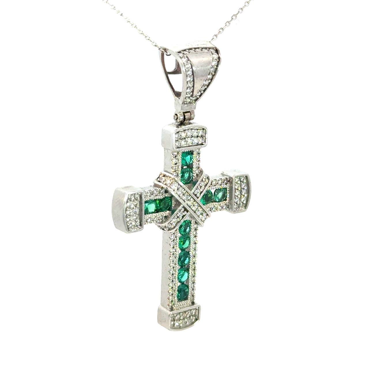 Cruz de Oro Blanco 14K con Esmeralda
