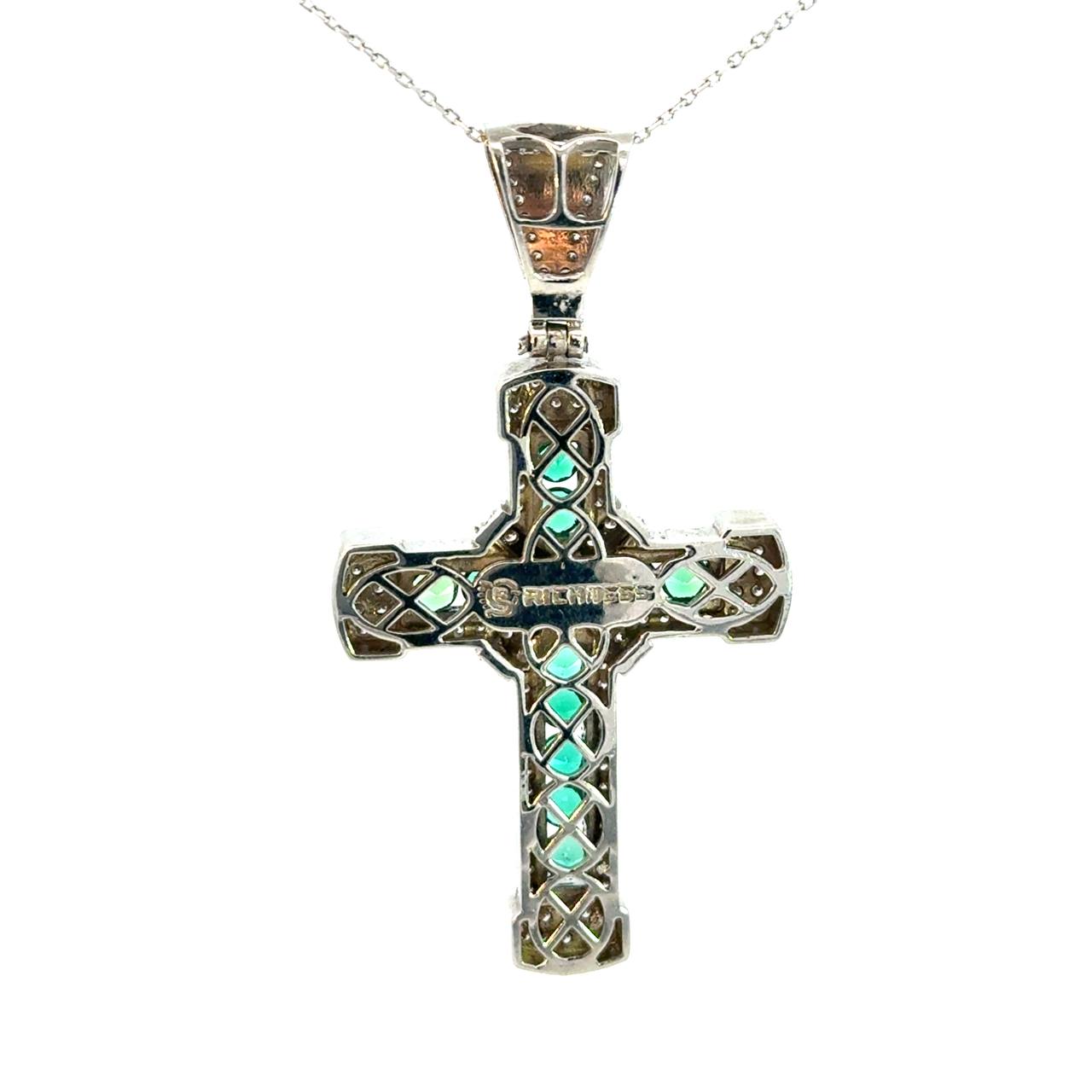 Cruz de Oro Blanco 14K con Esmeralda