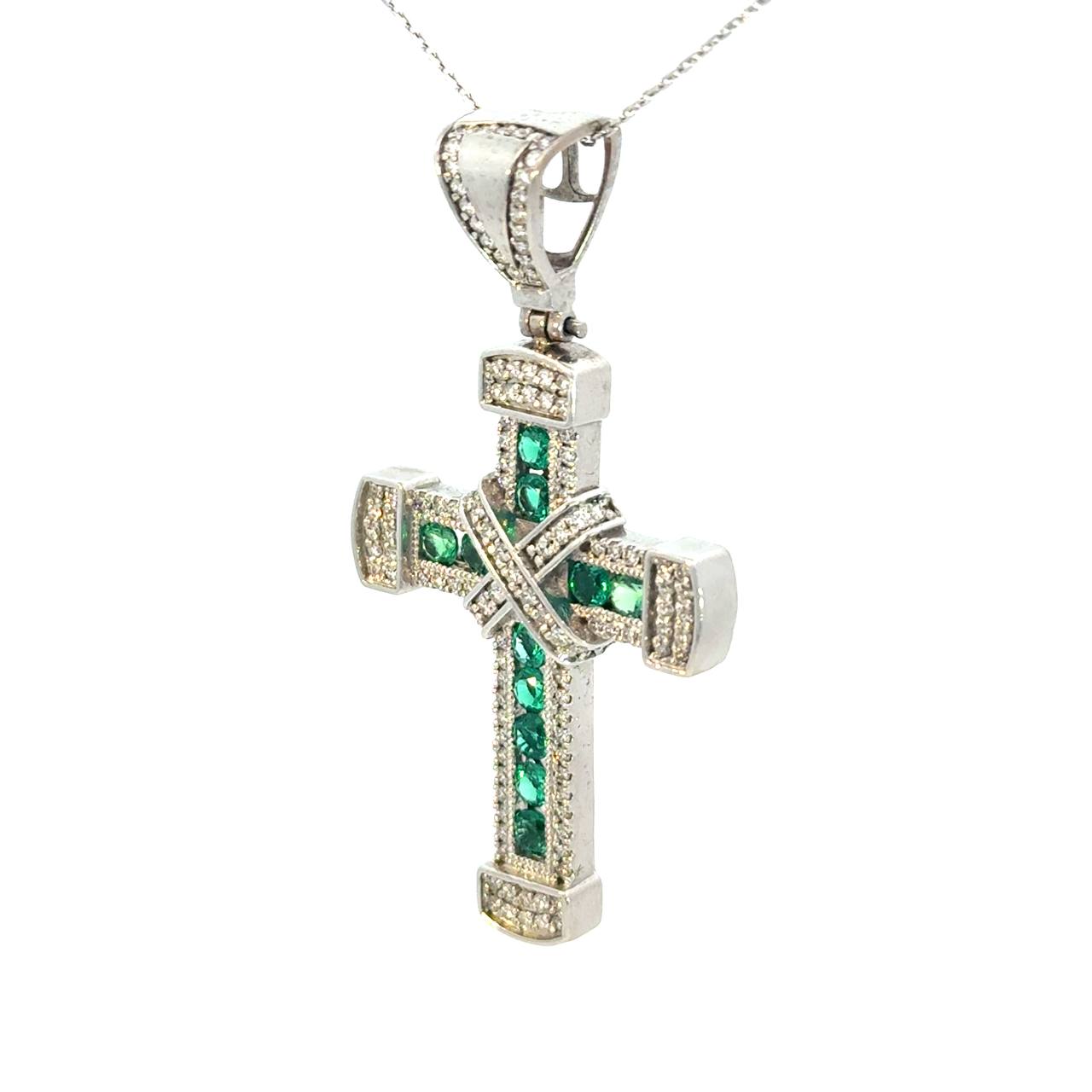 Cruz de Oro Blanco 14K con Esmeralda
