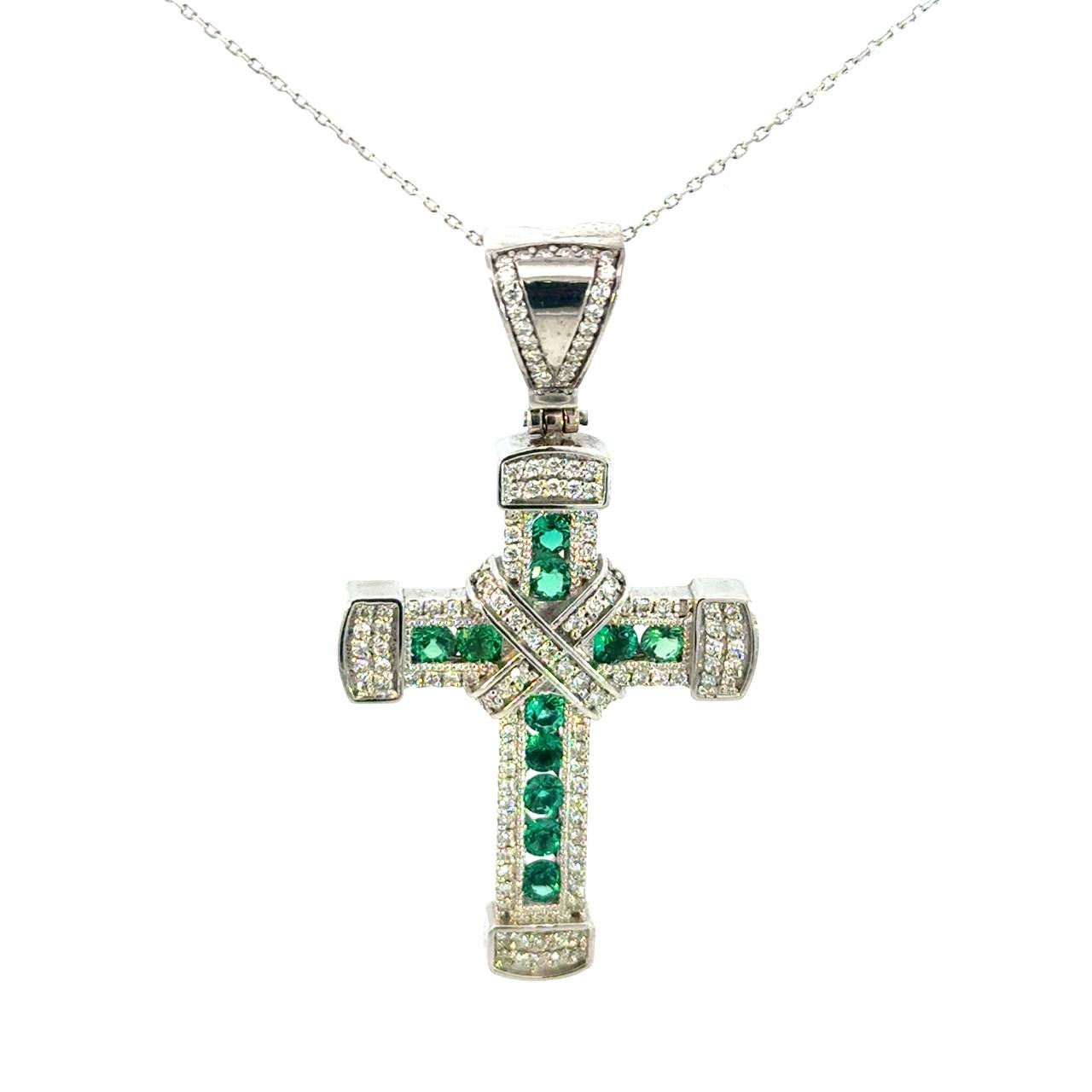 Cruz de Oro Blanco 14K con Esmeralda
