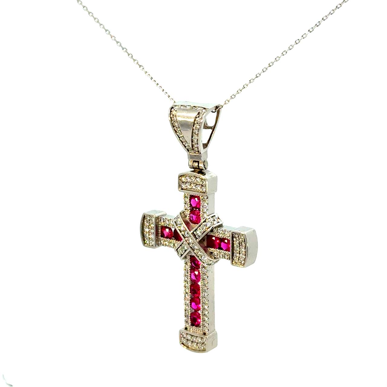 Cruz de Oro Blanco 14K con Zafiro Rosa