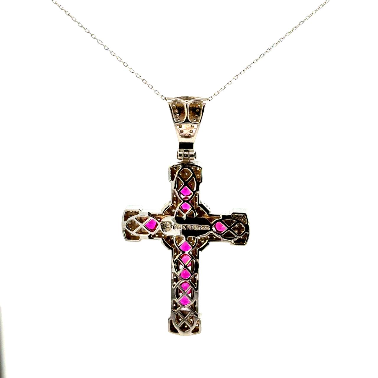 Cruz de Oro Blanco 14K con Zafiro Rosa