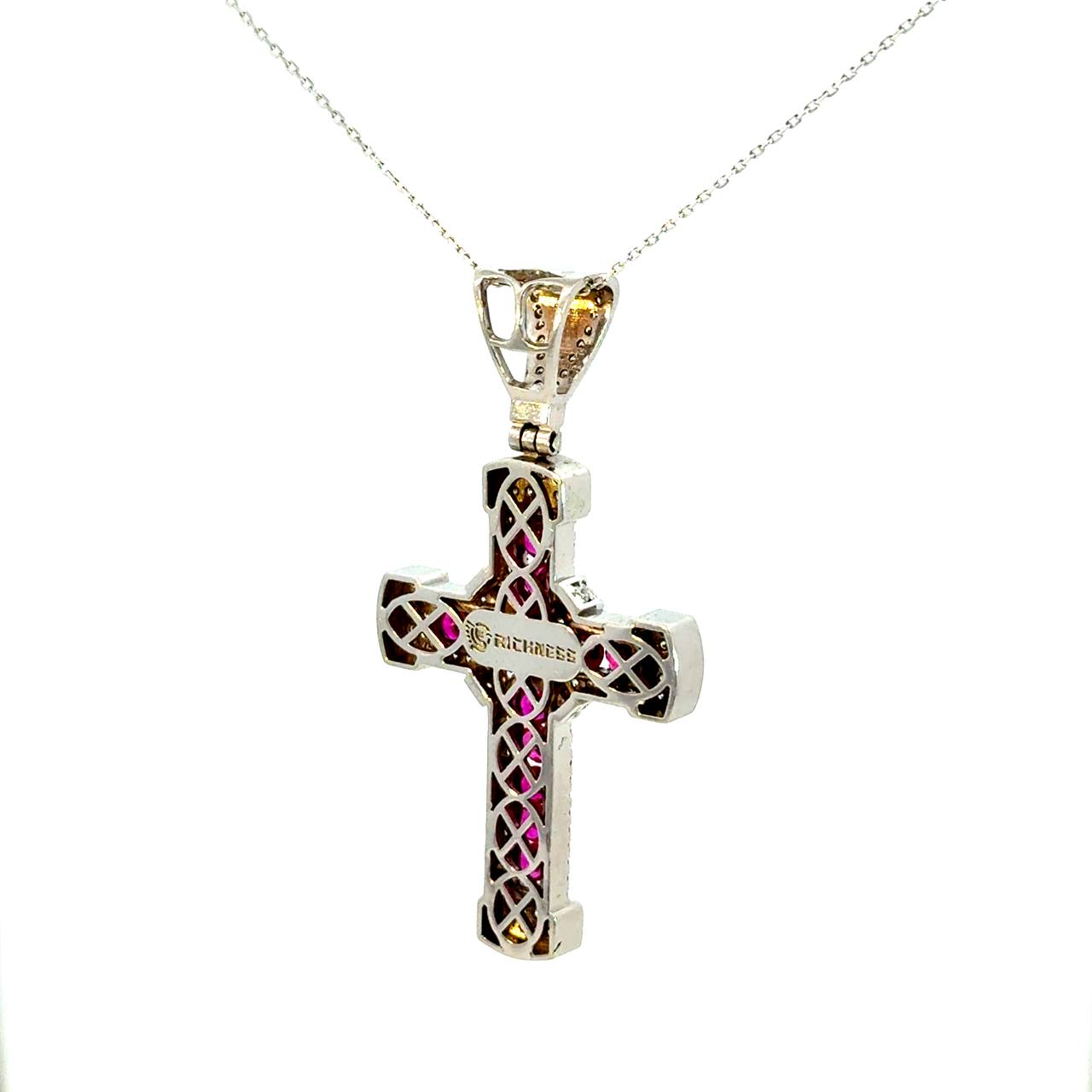 Cruz de Oro Blanco 14K con Zafiro Rosa