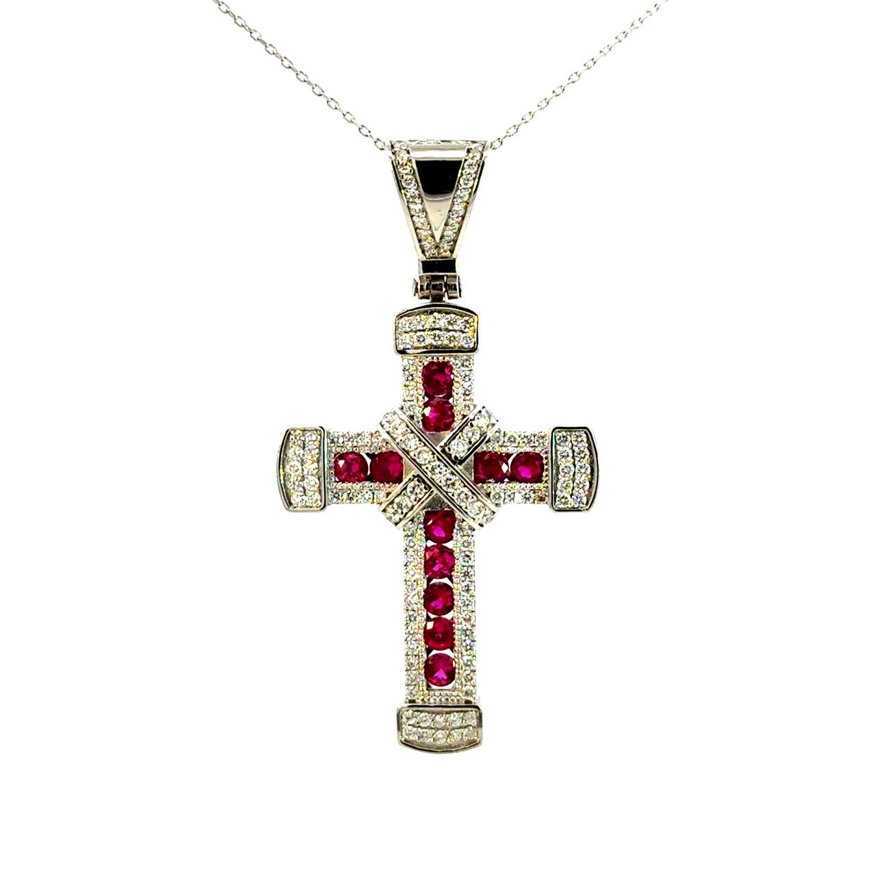 Cruz de Oro Blanco 14K con Zafiro Rosa